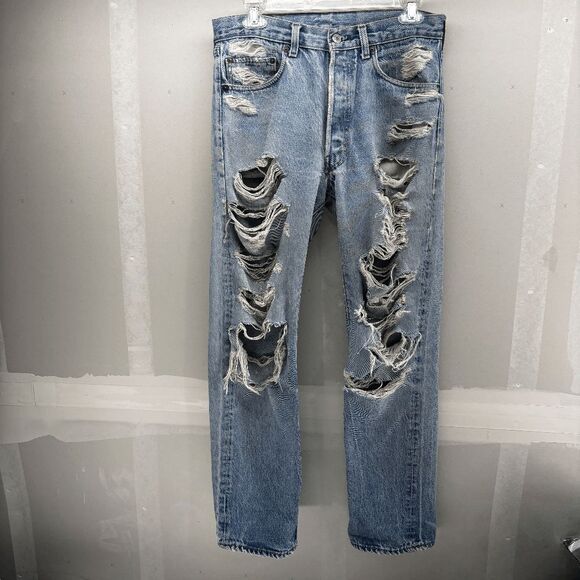 Levis 501 Vintage 80s USA Straight Leg Jeans Blue Thrashed Act 30x29 - Picture 1 of 13